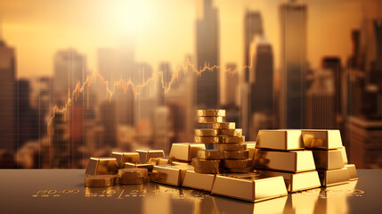 A pile of gold bars with a stock market chart in the background