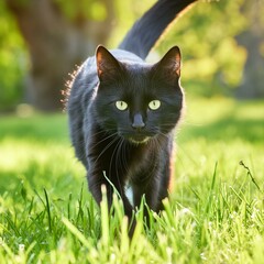 Naklejka na ściany i meble Curious and Cunning: A Black Cat's Prowl Through the Grass