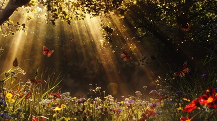 Enchanted Forest Morning Light with Butterflies and Wildflowers