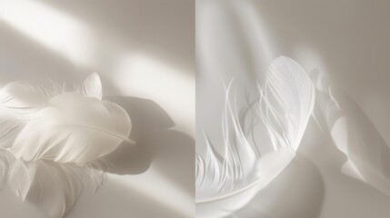 Two close-up shots of white feathers, one on a white background