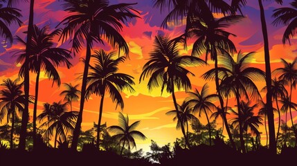 Tropical Sunset Paradise with Silhouetted Palm Trees
