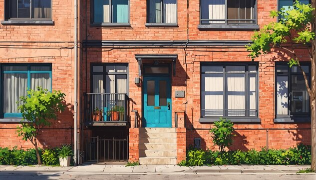 townhouse facade in landscape anime cartoon illustration from Generative AI