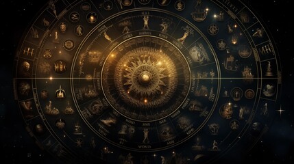 Fototapeta na wymiar Backdrop of sacred zodiac symbols, astrology, alchemy, magic, sorcery and fortune telling.