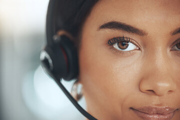 Woman, call centre and headset in portrait, contact and secretary or assistant in office. Female...
