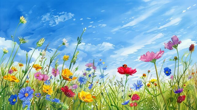 Illustrate a picturesque field of vibrant wildflowers under a clear blue sky, with a tiny ladybug 