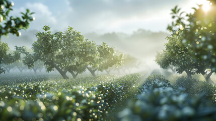 Sunlit Citrus Grove with Dew on Leaves