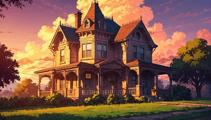Foto op Plexiglas victorian house in sunset in landscape anime cartoon illustration from Generative AI © SevenThreeSky