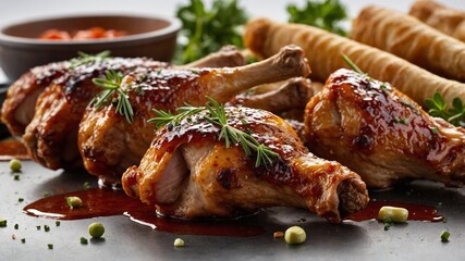 Close-up image showcases succulent glazed chicken drumsticks garnished with fresh rosemary sprigs, resting on dark surface with scattered herbs, sauces adding to gourmet presentation.