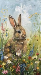 Bunny with floppy ears sitting in a meadow of wildflowers - obrazy, fototapety, plakaty