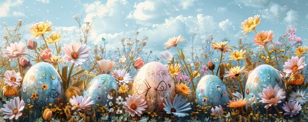 Graphic print of Easter eggs and flowers under a spring sky - obrazy, fototapety, plakaty