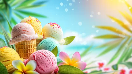 Foto auf Alu-Dibond Illustration of a cone and colorful balls of ice cream on a cheerful tropical background, with space for text © Iva