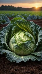 Obraz premium Cabbage growing in field, with green leaves unfolding to reveal lighter inner layers. Setting sun casts golden hue, creating serene backdrop of distant mountains, sky. Soil around rich, dark.