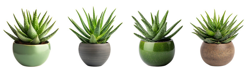 Aloe Vera plants with round ceramic pot isolated on transparent or white background. House plant arrangement