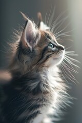 A majestic kitten with long, silken fur gazes upward