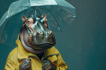 Serious impressive important hippopotamus in a raincoat under an open umbrella