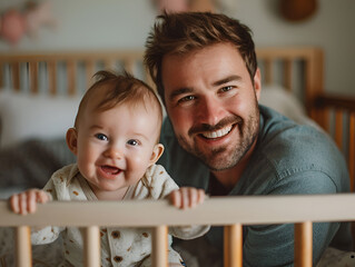 A smiling man and child share a special moment in the nursery on Father's Day