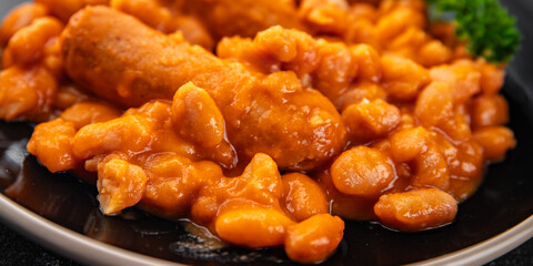 beans with sausages tomato sauce fresh cooking appetizer meal food snack on the table copy space...