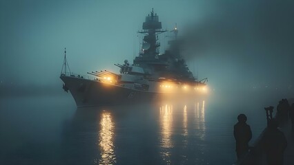 A large ship on the water with a stealthy military cruiser at night. Concept Ships on Water, Military Cruiser, Night Scene, Stealthy Design - obrazy, fototapety, plakaty