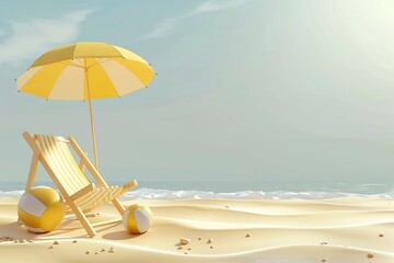 3D vector illustration a beach chair, umbrella and ball, the summer holiday travel.