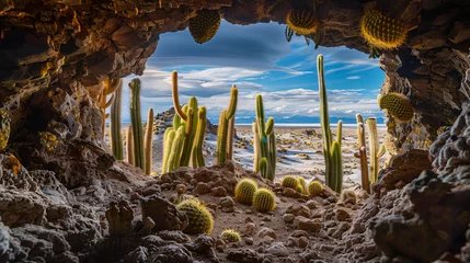 Fototapeten Cactuses in the cave on Incahuasi island Salar de Uyun © Hassan