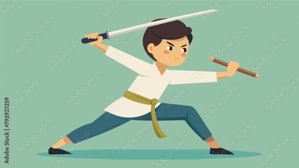 Poster a student practices with a wooden sword focusing intently on their movements and showing respect for