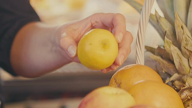 Woman taking a lemon out of a basket full of fruits, oranges, apples, pineapple, in the kitchen. Indoors. Studio lighting. Handheld. Defocused background. High quality 4k footage