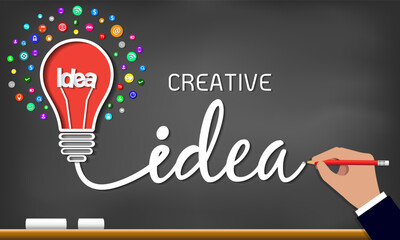 Creative idea light bulb icon. spark success in business inspiration drawing on blackboard background. vector illustration. EPS 10