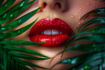 Bright red female lips with tropical palm leaves, female beauty concept