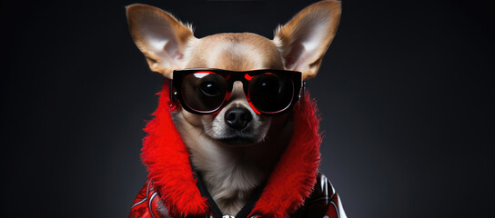 Fashionable chihuahua with red glasses and fur collar.