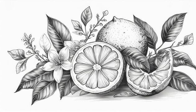 Hand drawn lemon. Vintage lime orange or lemon fruits blossom and branches for juice label. Vector black ink outline food sketch illustrations with juicy piece and peel fruit for health fresh drinks