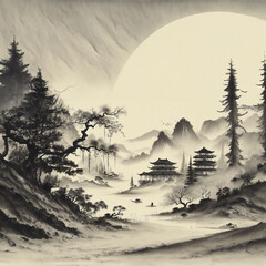 Oriental ink landscape painting with quieter and simpler elements