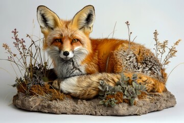 Serene Red Fox Resting Amongst Autumnal Foliage on Neutral Background Wildlife, Nature, and Seasonal Theme