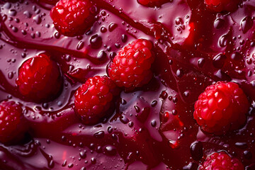 Close up macro fresh red cherry and raspberry berries jam sweet background