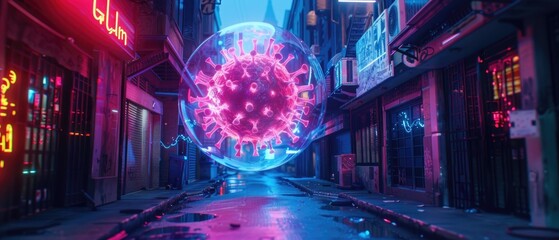 A glowing 3D virus in a bubble above a neonlit downtown alley, futuristic air filters installed on building facades,