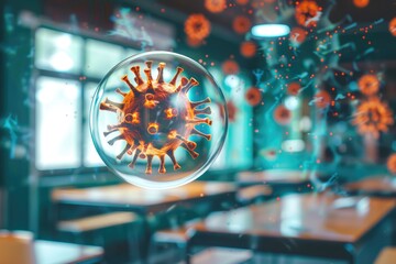 A vivid 3D virus in a bubble floating in a high school classroom, smart air filters fitted around the perimeter,