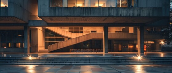 An evening event in progress at a brutalist cultural center, warm lights reflecting off harsh...
