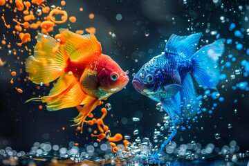 Vibrant goldfish and betta splashing in water - obrazy, fototapety, plakaty