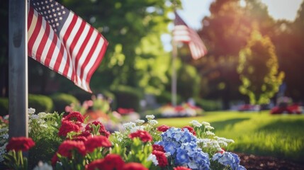 Patriotic Display of American Flags and Flowers in Park - Powered by Adobe
