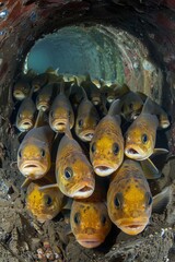 School of fish gazing from underwater pipe