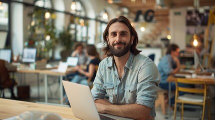 Handsome long-haired employee sitting at a desk in a Creative Agency. Stylish man using a laptop computer in a marketing company. Colleagues working behind the scenes