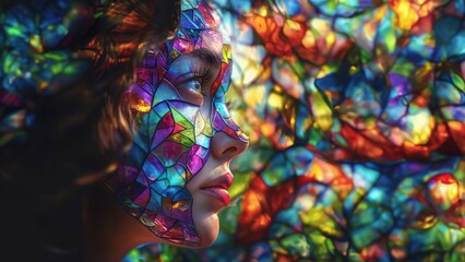 Schönes Frauen Gesicht mit bunten Elementen und Mosaik Muster, ai generativ