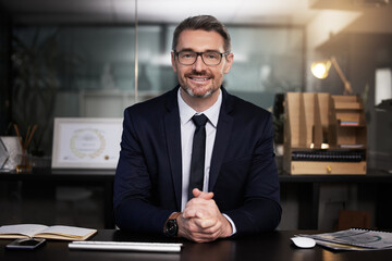 Happy, portrait and mature businessman in office of startup corporate finance firm or company,...