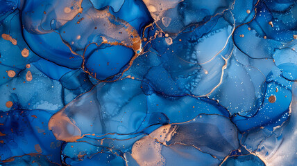 An abstract fluid art painting in electric blue and rose gold, utilizing the alcohol ink technique. 