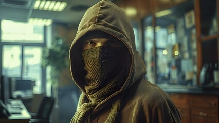 A suspicious person wearing a hoodie and mask hangs around an office. Concept Suspicious Activity, Security Concerns, Office Intruder, Safety Threats, Uninvited Visitor