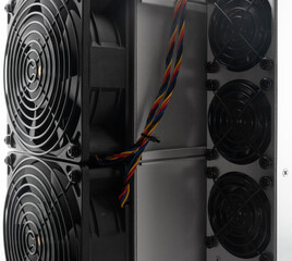 Cryptocurrency mining farm for bitcoin and altcoins isolated on white background. Cryptocurrency miner isolated.