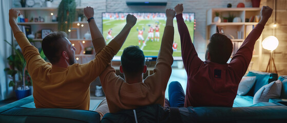 adult male friends with arms raised emotionally watching a football match on the TV at home