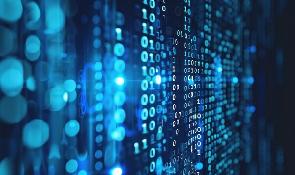 Futuristic Blue Binary Code Data Stream on Computer Monitor for Background