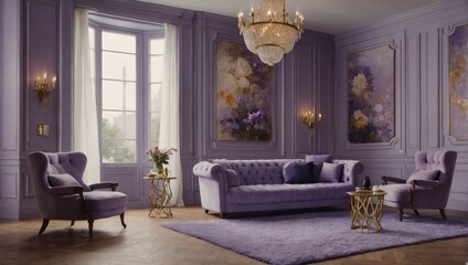 Lavender Room Interior, Leisure Area Setup, Lavender-Colored Wall