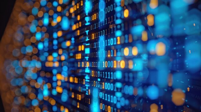Futuristic Blue Binary Code Data Stream on Computer Monitor for Background