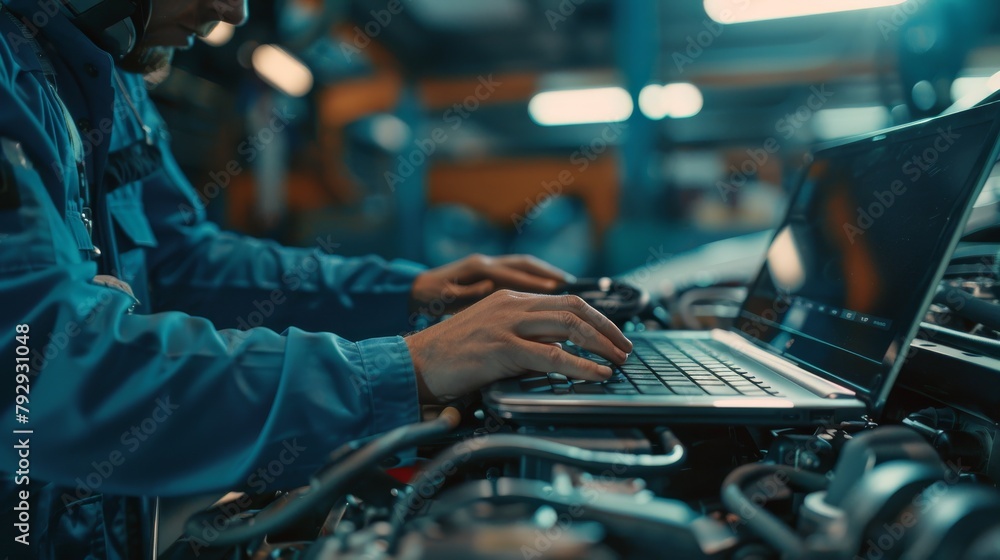 Poster an experienced mechanic checks a car engine using a laptop computer